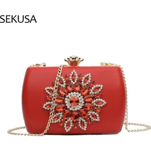 PU Fashion Women Evening Bags Flower Sun Diamonds Black Leather Metal Luxury New Design Lady Party Handbags