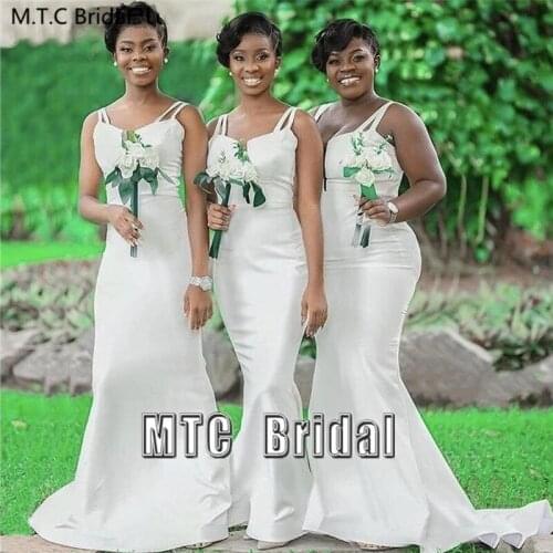 Wholesale White Mermaid Long African Bridesmaid Dresses Spaghetti Strap Plus Size Satin Maid Of Honor Dress Cheap Party Gowns