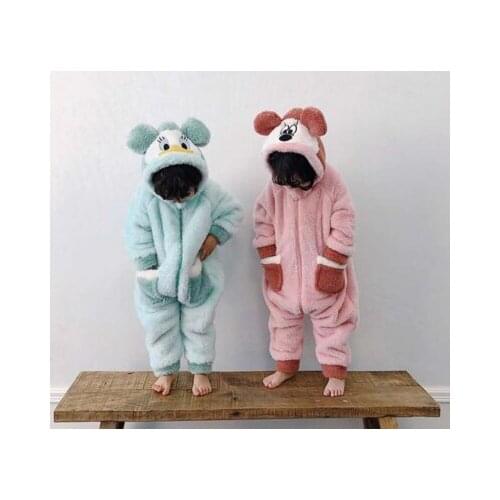 Disney Mickey Minnie Blue Anime Pajama Sets Sleepwear Cartoon Children Clothing Casual Warm Winter