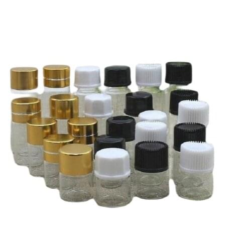 1ML clear glass bottle with plastic black/white lid silver/gold aluminum lid plastic stopper for sample test essential oil