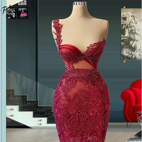 Sexy Hot Burgundy Lace Beaded Evening Dresses One Shoulder Long Mermaid Evening Gowns Illusion Muslim Bridal Dress Custom Made