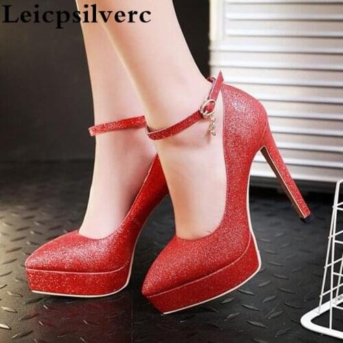 Spring new Korean version of golden wedding dress female silver thin and sharp pointed bandage sequins high heeled womens shoes