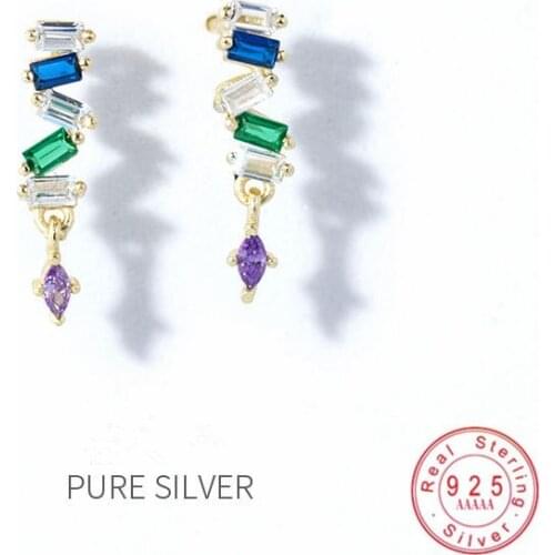 HI MAN 925 Sterling Silver Plated 14K Gold Korean Shiny Colorful Zircon Square Stud Earrings Women Exquisite Temperament Party