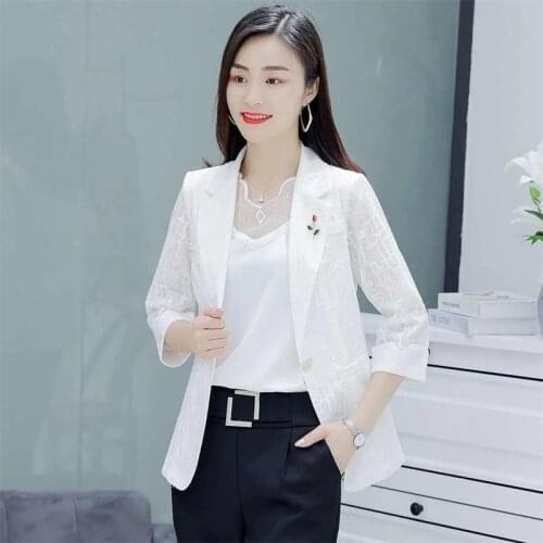 Fashion Splicing Lace White Blazer Women Jacket Summer New Three Quarter Sleeve Temperament Slim Women Basic Coat Black Pink 597