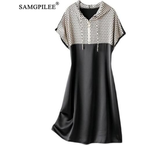 European 2021 new Summer Dresses Casual Hooded Collar Patchwork Letter Knee Length Acetate Thin Plus Size Women Clothing 4XL