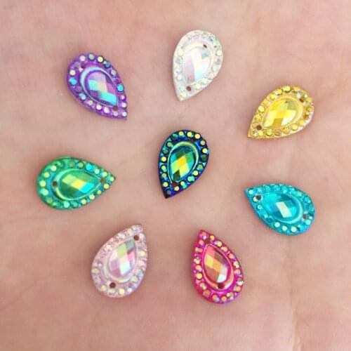 80PCS bling AB Resin 8*12mm Teardrop Peacock eye Flat back rhinestone scrapbook Wedding Embellishment diy 2 hole applique