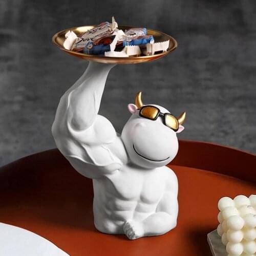 Resin Abstract Muscle Cow Ornaments Home Decor Organizer Mascot Sculpture Crafts Living Room Decoration Storage Crafts with Tray