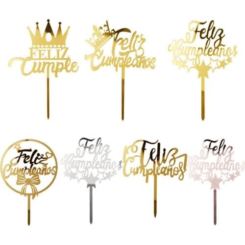 Acylic Feliz Cumpleanos Espanol Spanish Happy Birthday Cake Topper Gold Crown Design Cupcake Baking Supplies Party Decoration