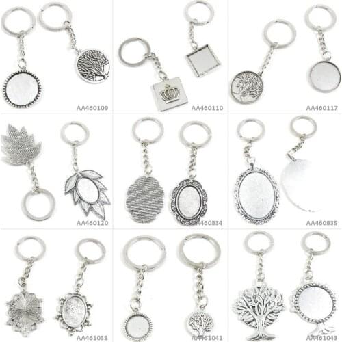 Antique Silver Tone Keychain Keyring Keytag Life String Tree Oak Cabochon Blank Base Oval Setting Frame Round Key Chain Tag