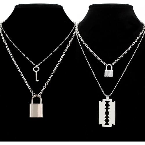 Stainless Steel Double Layer Key Lock Necklace Punk Link Chain Padlock Pendant Necklace Hiphop Women Men Fashion Gothic Jewelry
