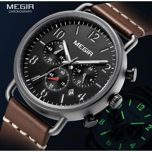 MEGIR Luxury Watches Men Fashion Leather Strap Chronograph Quartz Watch for Man Casual Sports Luminous Wristwatch Relogio Clock