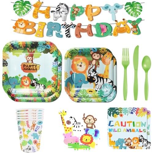 Woodland Jungle Flag Animals Banner Jungle Safari Birthday Party Kid Zoo Monkey Lion Zebra Elephant One 1st Boy Forest
