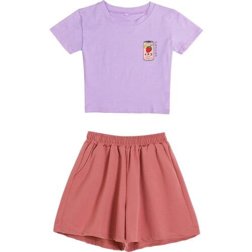 Fashion Harajuku Kawaii Graphic Print Tee Japan Strawberry Juice T-shirt Cotton Women Summer Aesthetic Female T Shirt Pant Sets