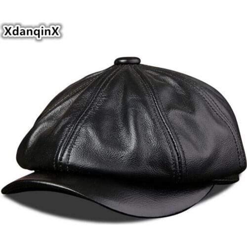 XdanqinX Cowhide Leather Cap Mens Fashion Beret 2019 Autumn New Genuine Leather Hat Army Snapback Cap Elegant Trend Student Cap