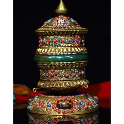 7"Tibet Temple Collection Old Bronze Tracing mosaic Gem Dzi Bead Prayer wheel pagoda Chanting Town House Exorcism