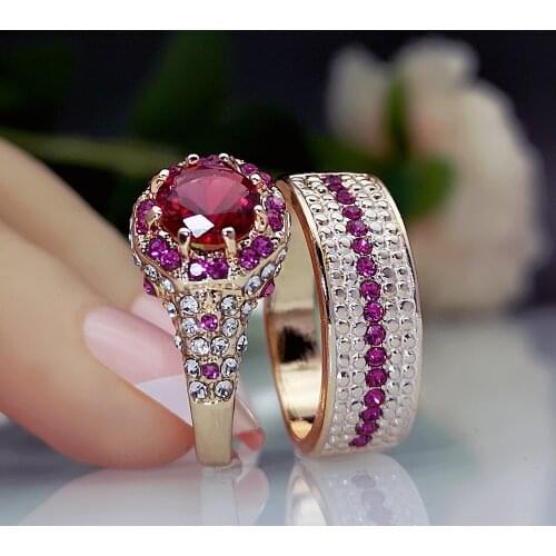 Cute Female Round Crystal Ring Set Charm Rose Gold Color Engagement Ring Luxury Small Zircon Stone Wedding Rings For Women