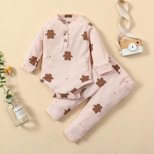 2 Pcs Newborn Waffle Outfits, Toddler Bear Print Long Sleeve Round Neck Playsuit + Trousers Spring Autumn