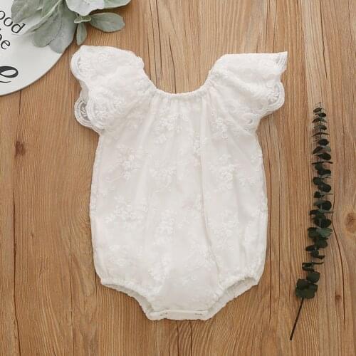 0-12M Toddler Baby Girls Lace Bodysuit, Infants Flying Sleeve Romper, Round Collar Solid Color Clothing For Summer