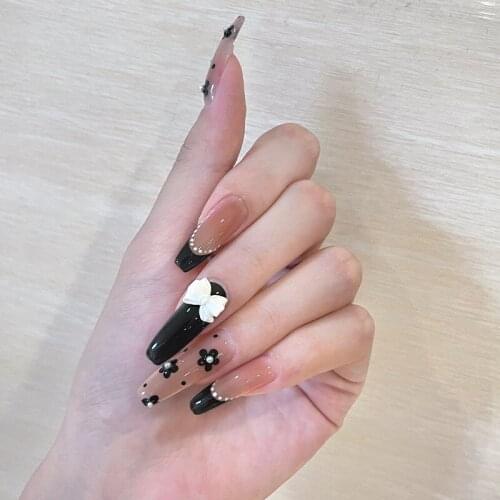 Fake Nails Long Black Small Flower Wave Dot Butterfly Nail Stickers Complete Nail Stickers 24 Nail Stickers With Glue SANA889