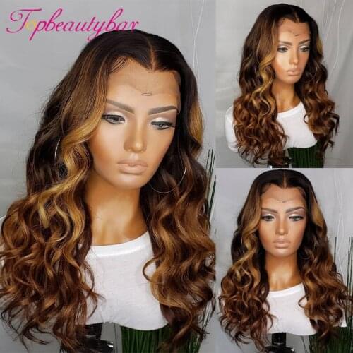 Highlight Ombre Color Blonde 4x4 Closure Wig Brazilian Wavy Remy Lace Closure Wigs PrePlucked Human Hair Wigs For Women