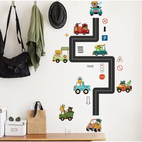 Car Runway Cartoon Animals Wall Stickers Kids Bedroom Decor Kindergarten Backdrop Wall Decals DIY Mural Children Room Decoration