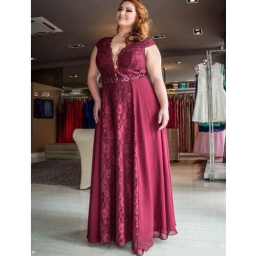 Plus Size Evening Gown Dress Red Wine Lace Vestidos De Fiesta Hollow Back Prom Dresses For