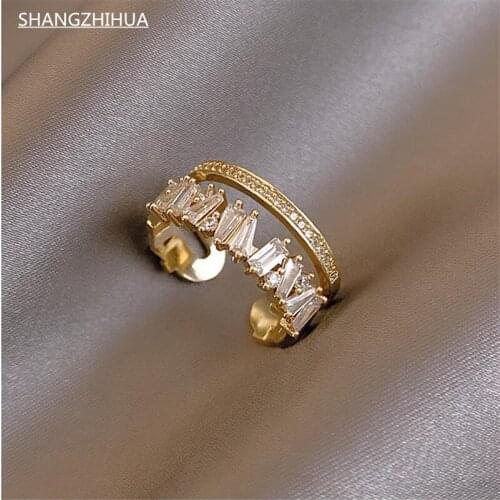 Luxury Zircon Gold Double Student Opening Rings For Woman 2021 New Fashion Gothic Finger Jewelry Wedding Party Girls Sexy Ring