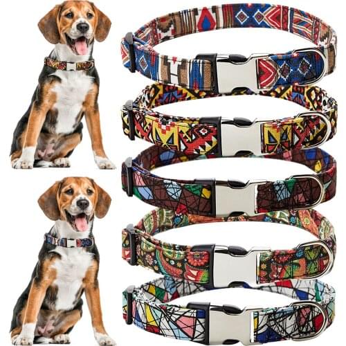 Ethnic Pattern Dog Collar Dog Colorful Collar Pet Polyester Neck Strap Adjustable Collar With Leash Ring For All Sizes Dogs