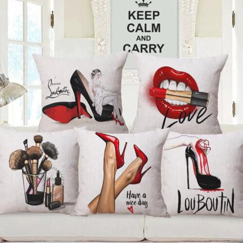 Modern Fashion High Heel Shoes Red Lips Cushion Covers Hand Painting Love Lipstick Print Pillow Case