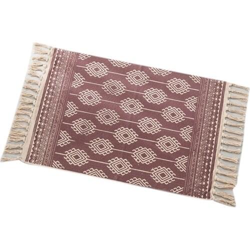 Linen and Cotton Blended Hand-Woven Tassel Carpet, Nordic Style Bedside Mats Suitable for Living Room and Bedroom,Red