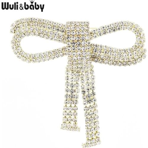Wuli&baby Sparkling Full Crystal Bow Brooch Pins Tassel Badge Women Jewelry 2021 New Year Gift Gold Color/ Silver Color