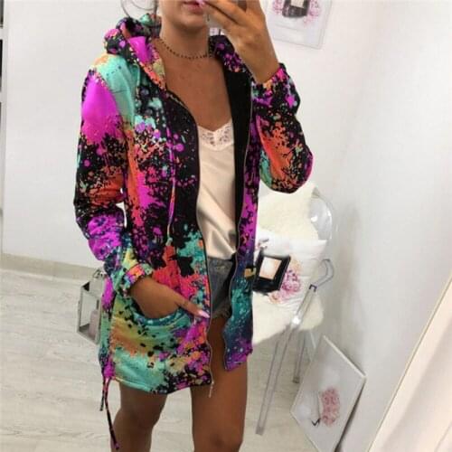 Women Printing Jacket Spring Autumn Colourful Tie Dyeing Hooded Coat Sweatshirt Pocket Zipper Loose Plus Size 5Xl Female Outwear