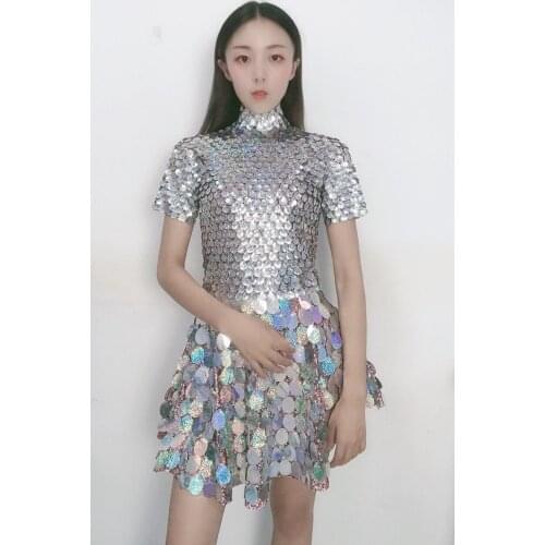 Women fish scale mirror skirt Silver sparkly shinning dress party girl stage show dance wear
