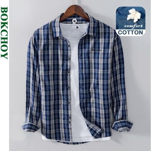2021 Summer and Spring New Men Fresh Long Sleeve Blue Plaid Shirt Hong Kong Style Casual Striped Workwear Blue Red Top GC-1236