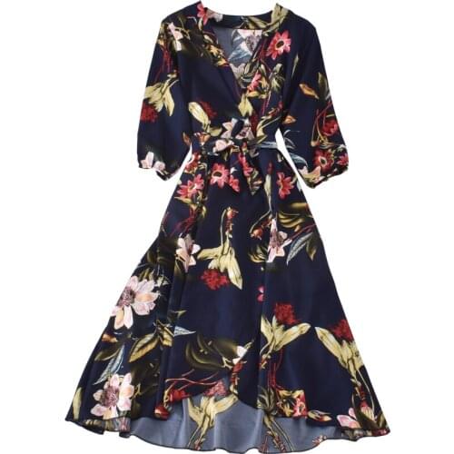 2021 Spring Summer Dress For Women New Korean Three-quarter Sleeves Waist Tie V-neck Retro Printed Dress 172A