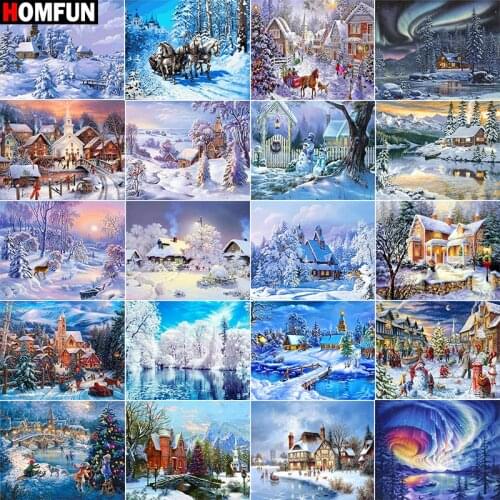 HOMFUN Diy 5d Diamond Painting "House snow winter scenery" Cross Stitch Square Round Diamond Embroidery Handwork Rhinestone Art