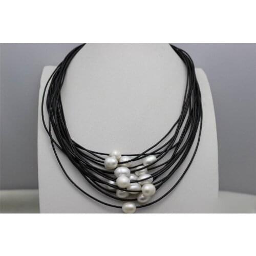White 10x12mm freshwater pearls 15strands black leather cord necklace