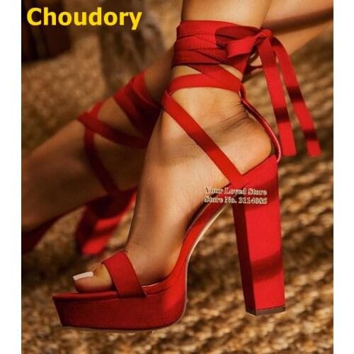 Choudory Red Leopard Suede Chunky Heels Platform Sandals Cross Strappy Lace-up Dress Pumps Women Wedding Shoes Plus Size47