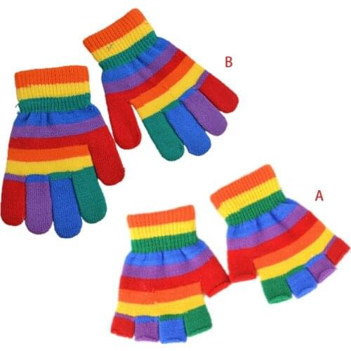 Kids Winter Knitted Full Half Finger Gloves Rainbow Colorful Striped Boys Girls Harajuku Outdoor Windproof Mittens 5-15T