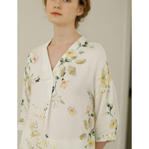 Elegant Print Pajamas for Women Viscose V-neck Pajamas Set Button Casual Sleepwear Femme Home Clothing Femme Pyjama Nightie Wear