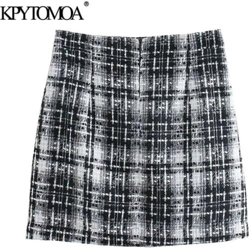 KPYTOMOA Women 2021 Chic Fashion Office Wear Tweed Mini Skirt Vintage High Waist Back Zipper Female Skirts Mujer