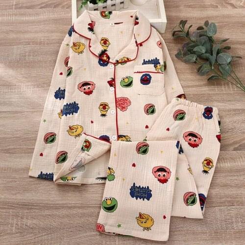 Spring Autumn Hot Sell Cartoon Sesame Street Lady Nightie Long Sleeve Trousers Homewear Pure Cotton Two-piece Women Pajama Set