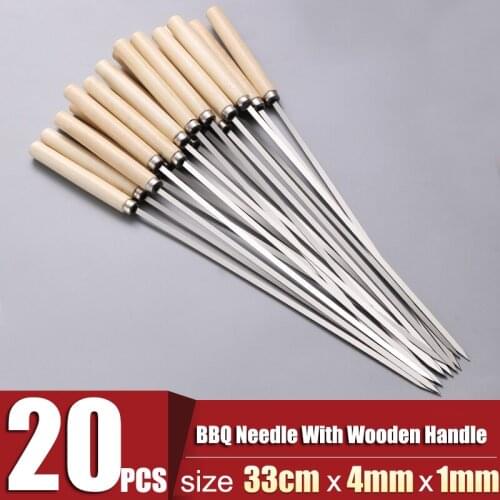Reusable Stainless Steel BBQ Tools Flat Barbecue Stick BBQ Roasting Needle with Wooden Handle Skewers Outdoor Camping BBQ Forks