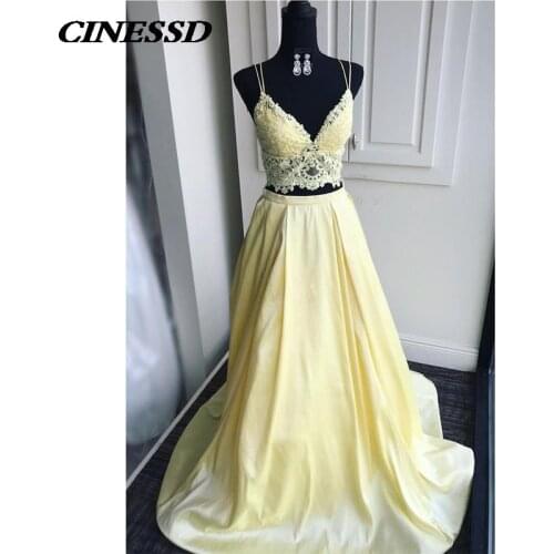 2020 New Yellow Prom Dresses Spaghetti Straps Crop Top Lace Satin Two Pieces Long Formal Party Evening Gowns Custom Plus Size