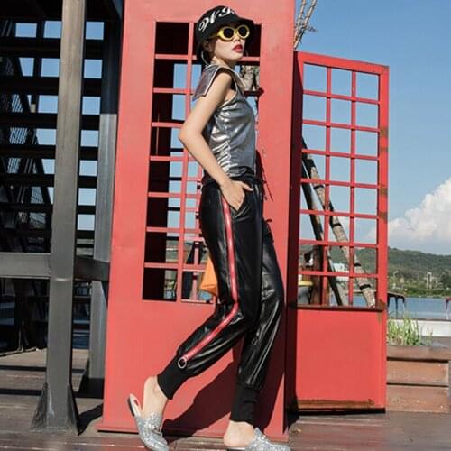 Autumn Women Black Real Sheepskin Genuine Elastic Waist Zippers Harem Pencil Pants Leather Trousers Joggers Ladies