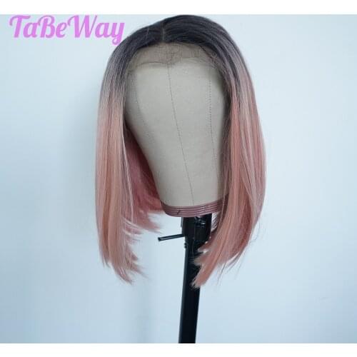 TaBeWay Bob Lace Front Wigs Pink Color Wig Heat Resistant Natural Short Bob Straight Synthetic Lace Front Wigs for Fashion Women