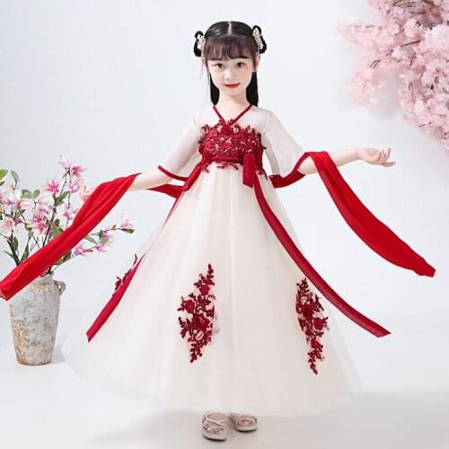 Hanfu Summer Party Kids Dresses for Girls Retro Flower Princess Dress Baby Evening Gown Girl Catwalk Show Children Clothing Set