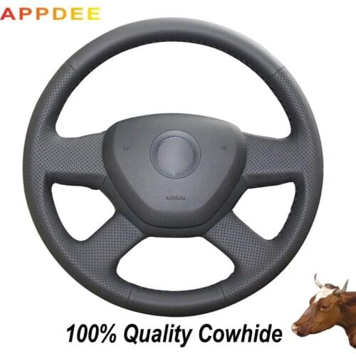 APPDEE Hand-stitched Black Genuine Leather Steering Wheel Cover for 2014 Skoda Octavia 2013 Skoda Fabia