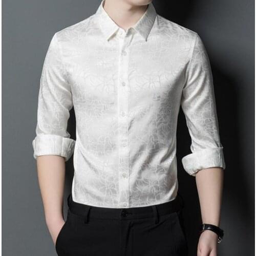 Social Work Reak Silk White Long Sleeve Wedding Party Dress Oversize Gentleman Dress Shirts Blue Elegant Fashion Mens Clothing