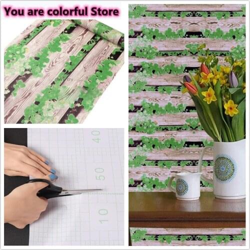 Leaf and Wood Plank Self Adhesive Wallpaper Home Peel and Stick Removable Wallpaper Faux Wood and Green Leaf Vinyl Film